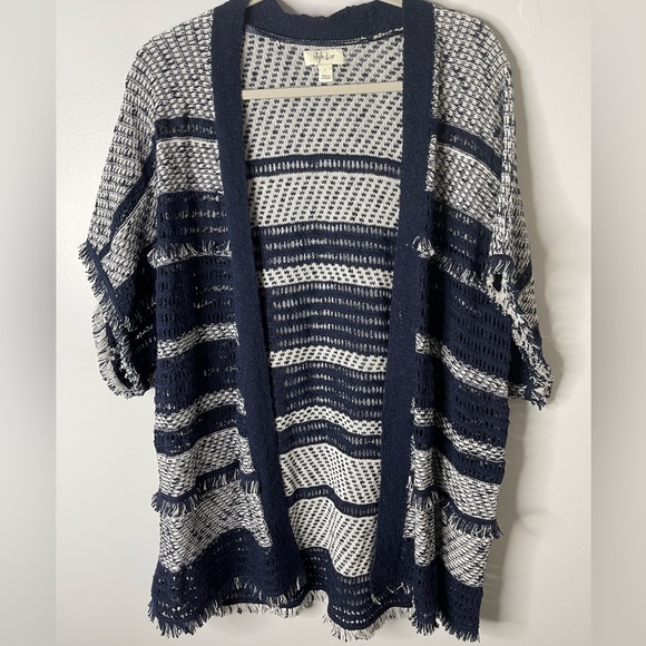 Style & Co Top Large Blue White Open Knit Kimono Topper Fringe Boho - Picture 2 of 9